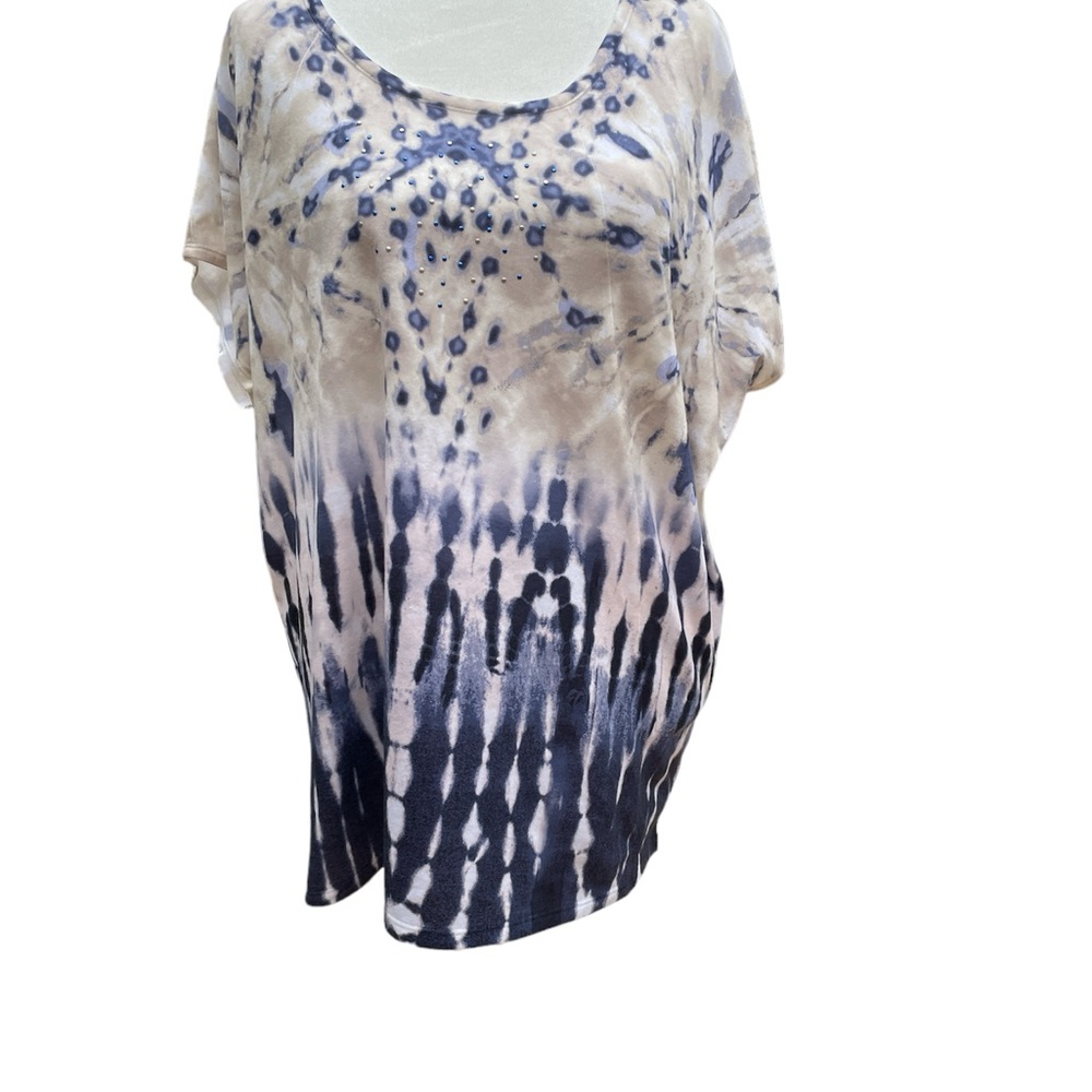 Style & Co Oversized Sport Top Tie Dye Beading Blue White Raglan Sleeves EUC